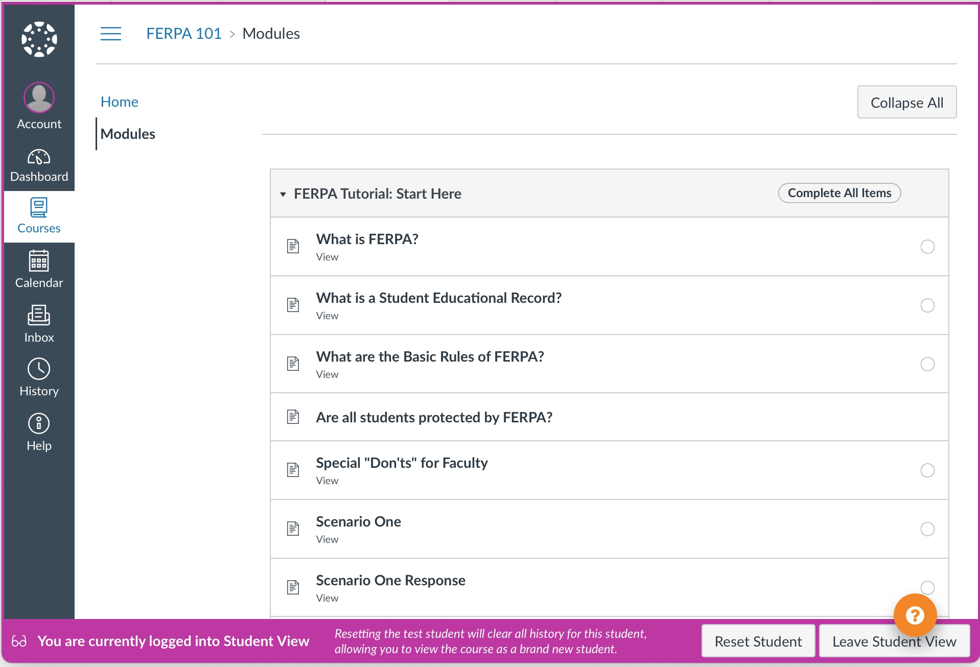 Screenshot of a Canvas module page from the training FERPA 101.