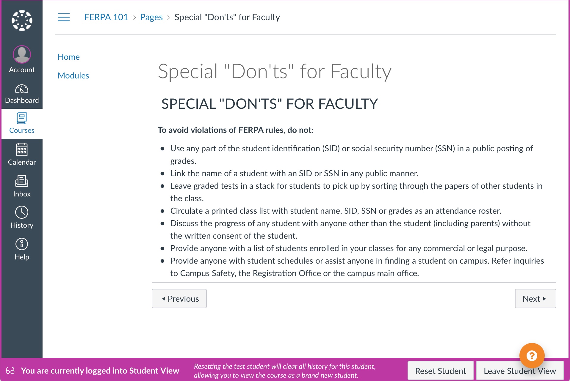 Screenshot of a Canvas page from the training FERPA 101 titled "Special Don'ts For Faculty".