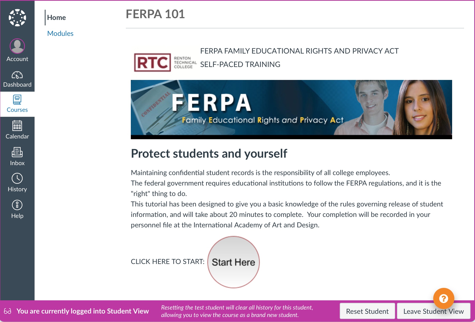 Screenshot of a Canvas homepage page from the training FERPA 101.